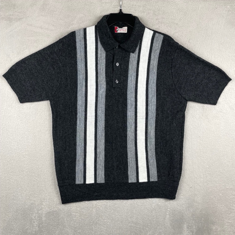 Vintage Revere Knit Polo Shirt Men XL Gray Vertical Stripes Orlon Acrylic Preppy
